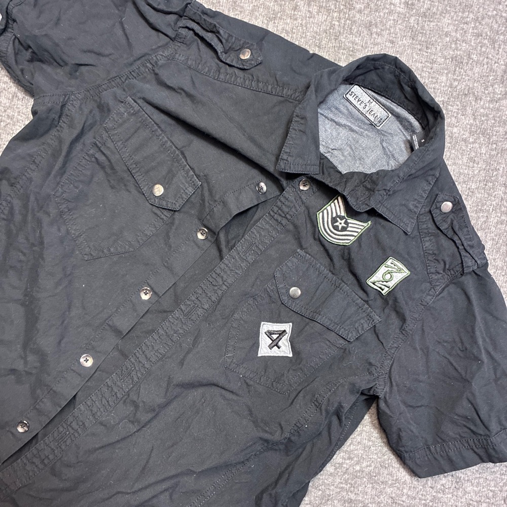 Steve's Jeans Button Up Shirt Mens Small Black Military Style Patches Epaulettes